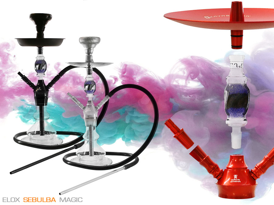 Drei ELOX Sebulba Magic Shishas vor einem weißen Hintergrund mit farbigem Rauch.